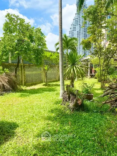 Lush green garden with palm trees and cityscape backdrop, perfect for urban oasis seekers.