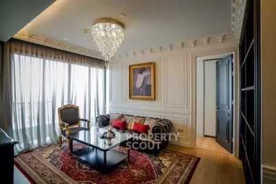 Luxurious living room with elegant chandelier and classic decor