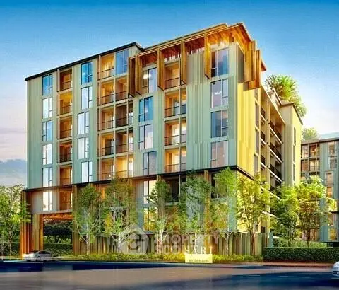 Modern apartment building with lush greenery and large windows, offering contemporary urban living.