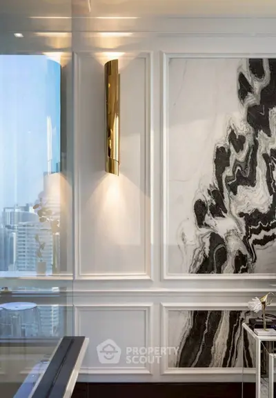 Luxurious interior with marble accent wall and city view, perfect for sophisticated living.