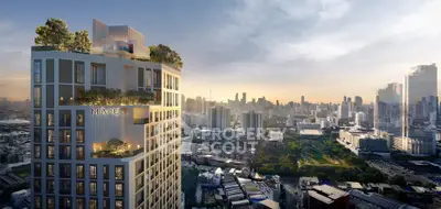 Stunning high-rise building with rooftop garden and panoramic city views at sunset.