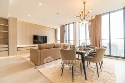 Luxurious modern living room with elegant dining area and stunning city view.