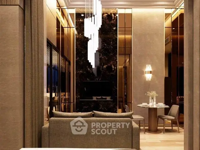 Luxurious living room with elegant chandelier and modern decor