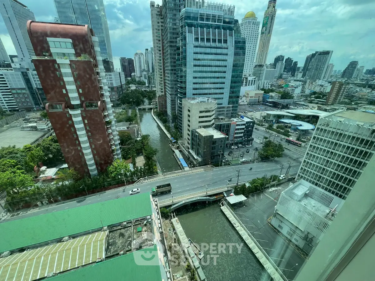 Stunning cityscape view from high-rise building showcasing urban skyline and river.