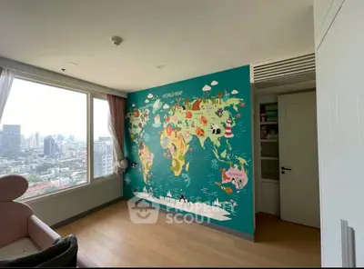 Spacious bedroom with vibrant world map mural and city view, perfect for a child's room.