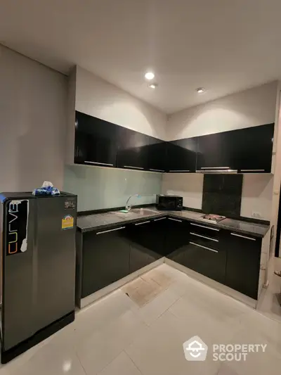 Modern kitchen with sleek black cabinets and stainless steel appliances