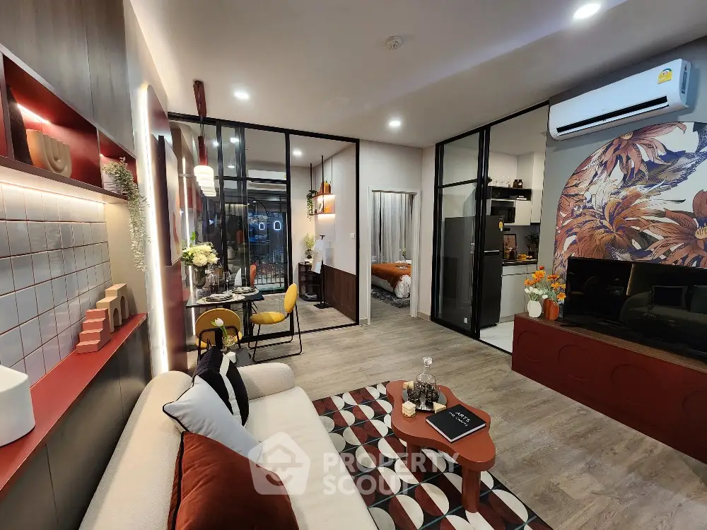 Modern living room with stylish decor and open layout in a contemporary apartment