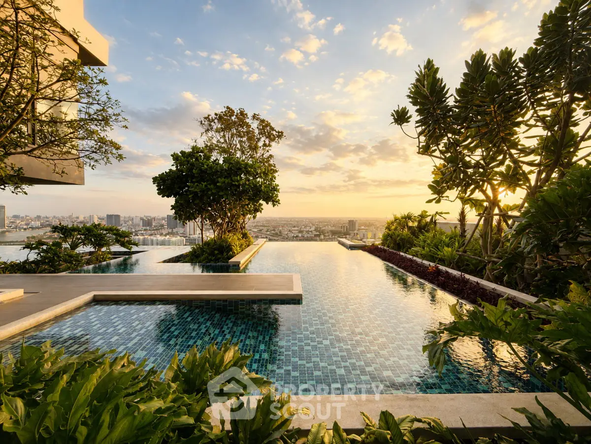 Luxurious rooftop infinity pool with stunning city skyline view at sunset, surrounded by lush greenery.