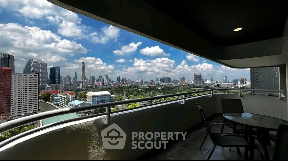 Stunning cityscape view from a spacious balcony in a high-rise apartment.