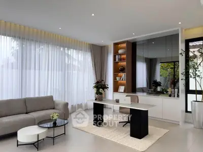 Luxurious modern living room with elegant decor and large windows