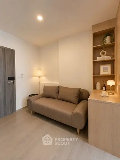 Modern living room with cozy brown sofa and stylish wooden shelving unit