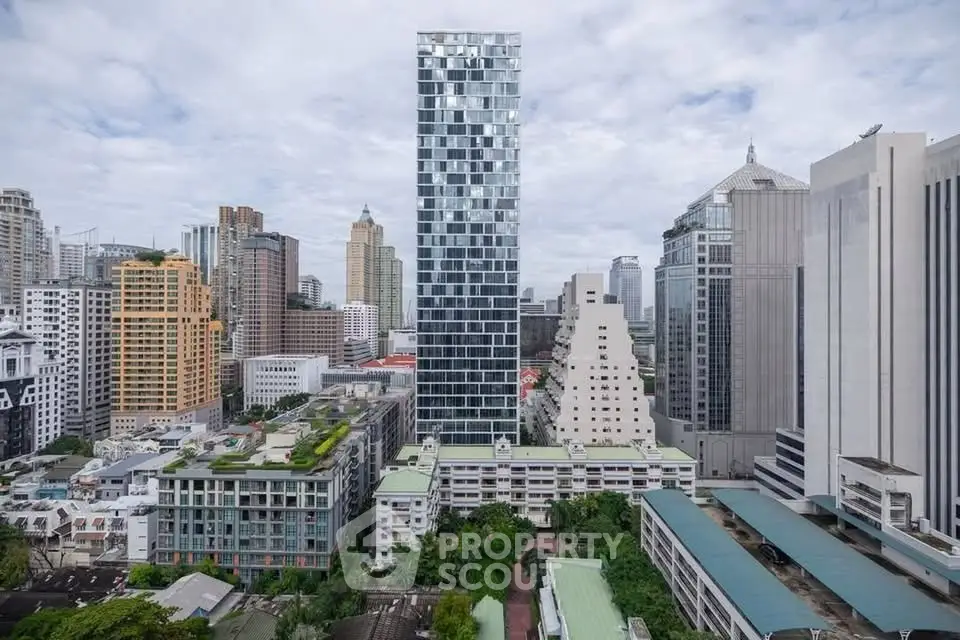Stunning cityscape view showcasing modern skyscrapers and lush greenery in an urban setting.