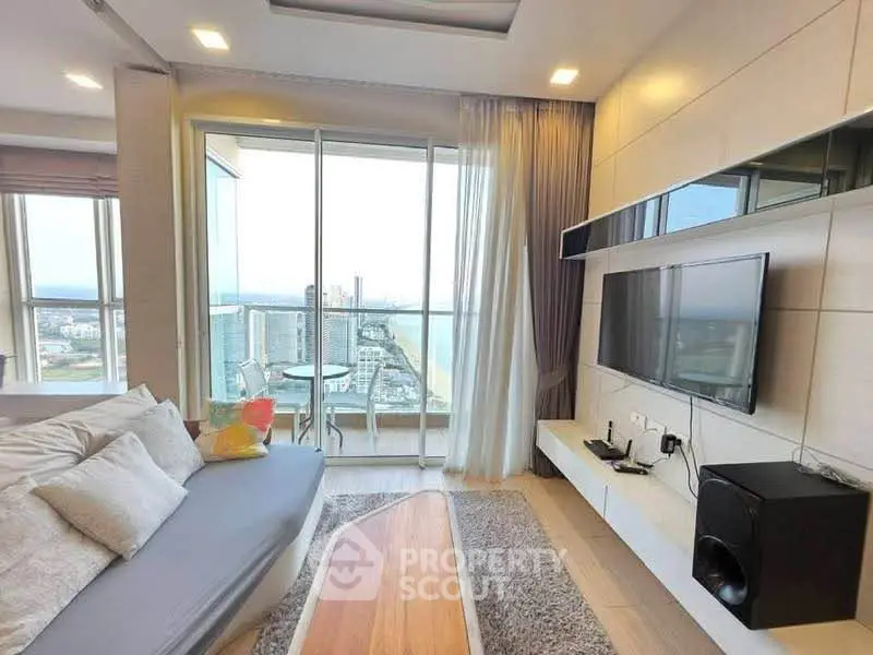 Luxurious living room with stunning ocean view and modern decor