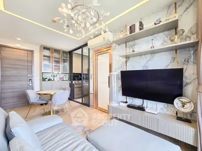 Luxurious modern living room with elegant decor and open kitchen layout