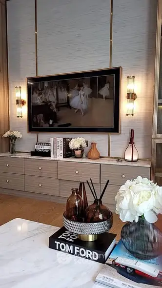 Luxurious living room with elegant decor and modern art display