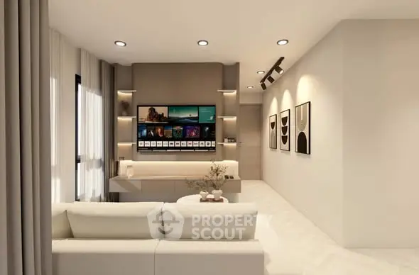 Modern living room with sleek design and ambient lighting, featuring a large TV and stylish decor.