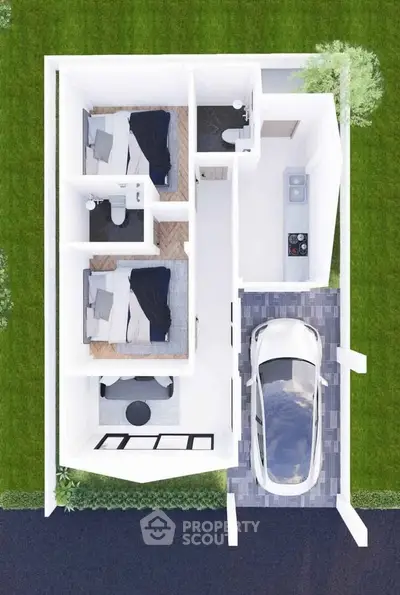 Modern house floor plan with two bedrooms and garage, ideal for efficient living.