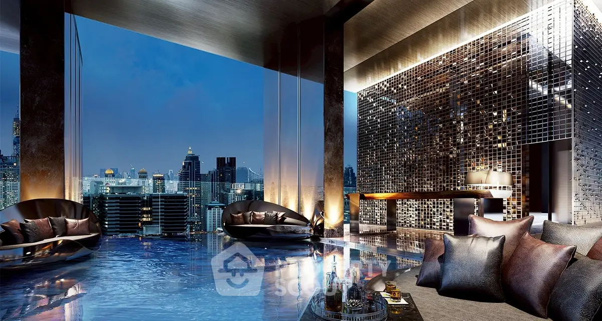 Luxurious rooftop pool with stunning city skyline view at dusk