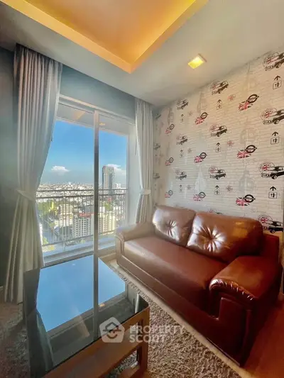 Stylish living room with leather sofa and city view balcony in modern apartment