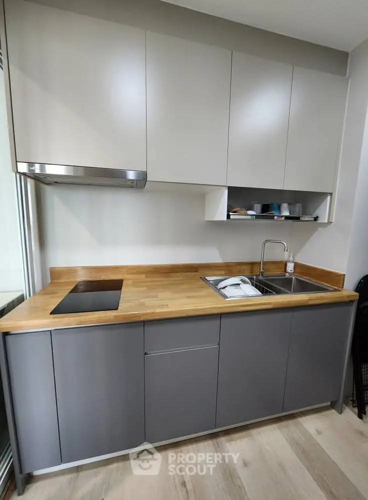 Modern kitchen with sleek cabinets and wooden countertops, featuring an induction cooktop and stainless steel sink.