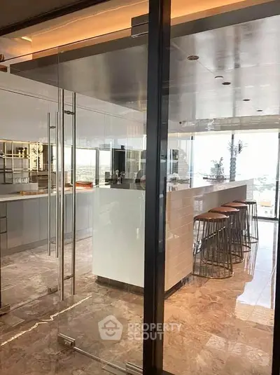 Luxurious modern kitchen with sleek design and stunning city view