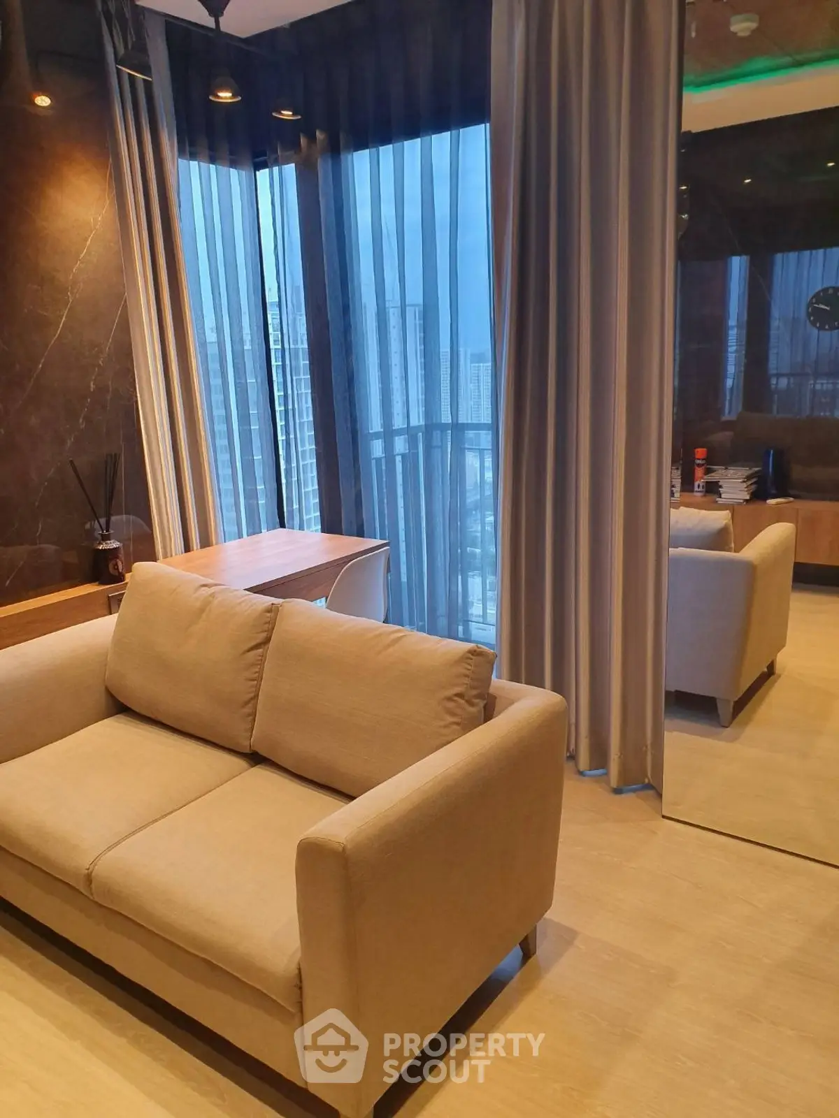 Modern living room with city view and elegant decor