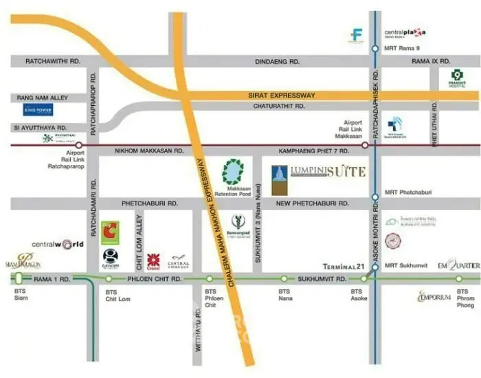 Map showing prime real estate locations near MRT and BTS stations in Bangkok.