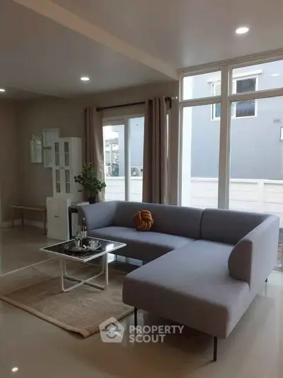 Modern living room with stylish gray sectional sofa and large windows