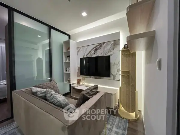 Modern living room with sleek design and built-in TV unit