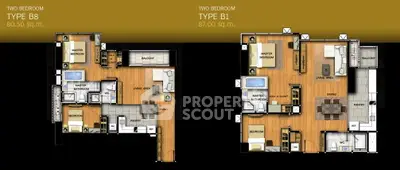 Floor plans of two-bedroom apartments with modern layouts and spacious living areas.