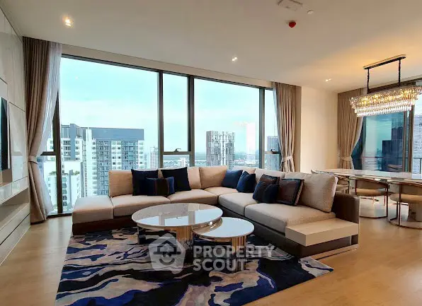 Luxurious living room with panoramic city views and elegant decor