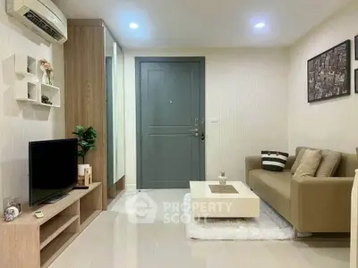 Modern living room with sleek furniture and stylish decor, perfect for urban living.