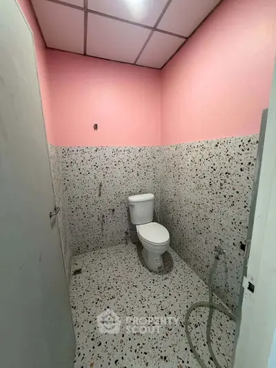 Compact bathroom with terrazzo flooring and pink walls, featuring a standard toilet.