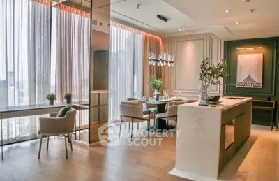 Luxurious modern dining area with floor-to-ceiling windows and elegant decor in high-rise apartment.