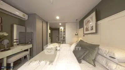 Stylish bedroom with modern decor and cozy ambiance, featuring elegant furniture and soft lighting.