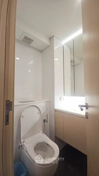 Modern bathroom with sleek fixtures and ample lighting