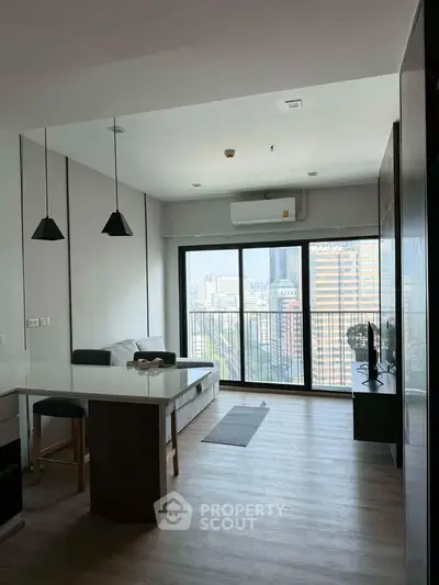 Modern living room with city view and sleek interior design