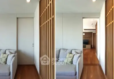 Modern living room with wooden accents and cozy seating area