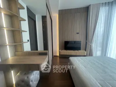 Modern bedroom with stylish wood accents and natural light