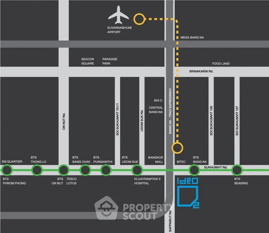 Map showing route from Suvarnabhumi Airport to Bangkok Mall via major roads and landmarks.