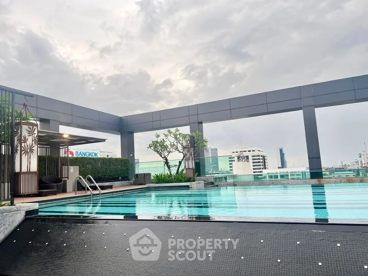 Luxurious rooftop pool with stunning city views in a modern high-rise building.