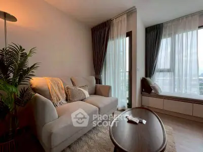 Cozy living room with large windows and elegant decor in modern apartment