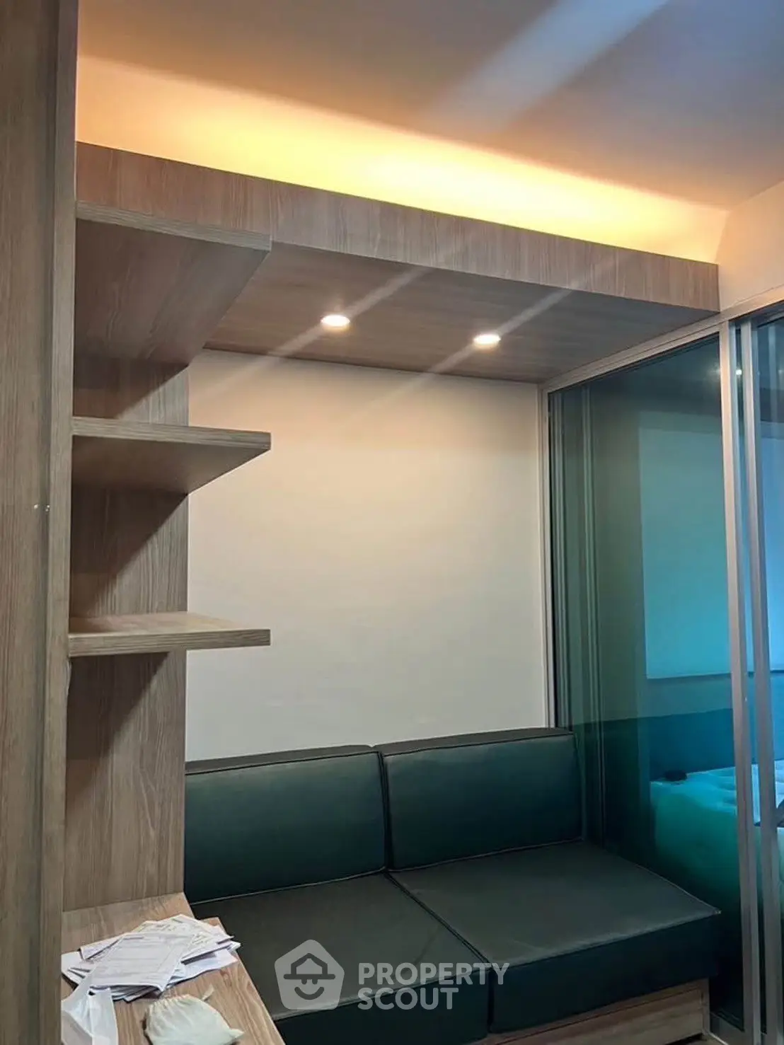 Modern living room with built-in shelves and cozy seating area