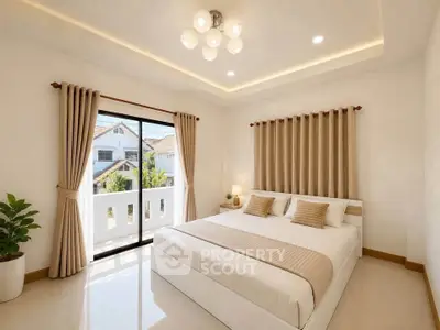 Elegant bedroom with modern decor, large window, and cozy ambiance in a stylish home.