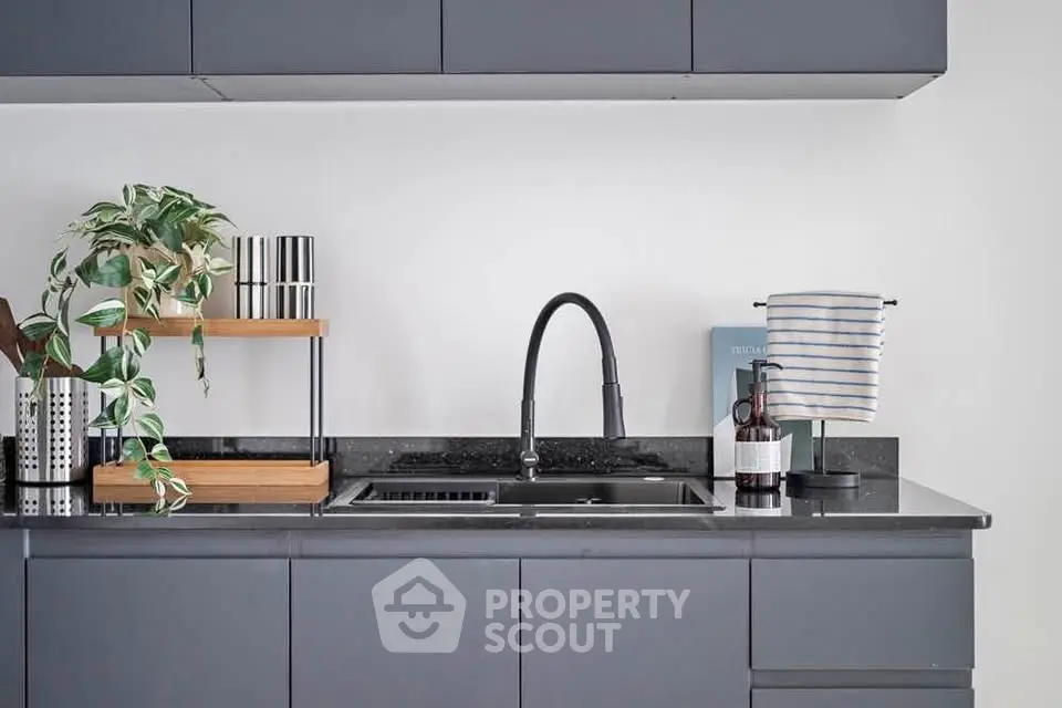 Modern kitchen with sleek cabinetry and stylish faucet, perfect for contemporary living.