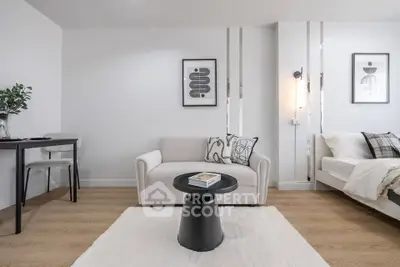 Modern living room with stylish decor and cozy seating area