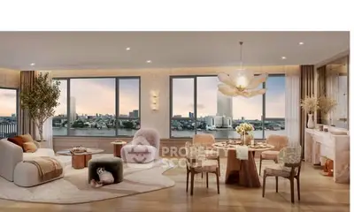 Luxurious living room with panoramic city views, elegant furniture, and modern lighting in a high-rise apartment.