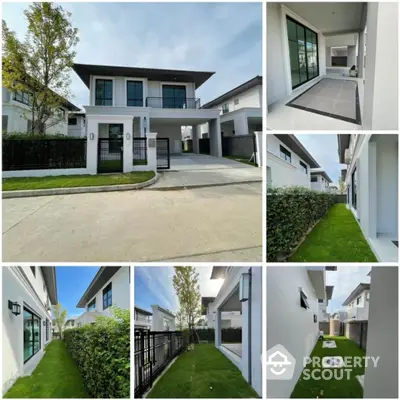 Modern two-story house with spacious driveway and lush green garden in a serene neighborhood.