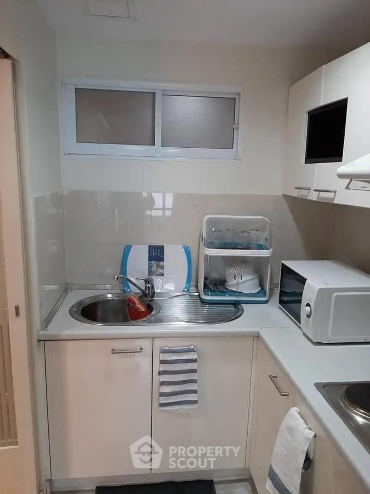 Compact kitchen with modern appliances and efficient layout, featuring a microwave and dish rack.
