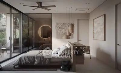 Luxurious modern bedroom with large glass doors opening to a serene garden view, featuring elegant decor and cozy ambiance.